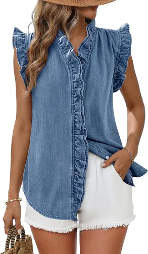 Miniatura 13 de Dokotoo Chaleco de mezclilla para mujer, casual, de verano, con botones, peplum, cuello en V, sin mangas, camisa de mezclilla