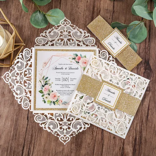 Miniatura 5 de Tarjetas de invitaciones de boda cuadradas de 6.3 x 6.3 pulgadas, corte calado mediante láser, diseño floral, con banda dorada y sobres blancos