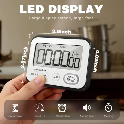 Miniatura 6 de Temporizador de cocina digital magnético con alarma potente, pantalla LCD grande silenciosa/con pitido, multifunción para maestros, aula, niños