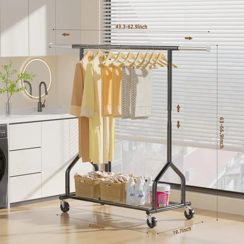 Miniatura 3 de EAGMAK Perchero de ropa resistente con capacidad de carga de 192 kg, perchero enrollable con estantes, colgador de ropa ajustable de metal