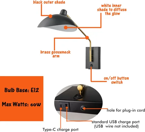 Miniatura 5 de CLAXY - Apliques de pared enchufables, color negro mate, iluminación de montaje en pared E12 Home Wall Lights with USB Charge Port-Set of 2, Plug