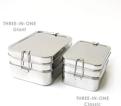 Miniatura 7 de Ecolunchbox Caja Bento de acero inoxidable tres en uno, 2 niveles, contenedor para aperitivos, tamaño gigante, capacidad para 8 tazas de alimentos