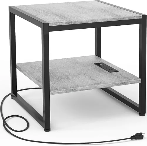 Miniatura 13 de Homieasy - Mesa auxiliar con estación de carga, soporte para mini refrigerador de 20 pulgadas con estante abierto de 2 niveles, mesita de noche