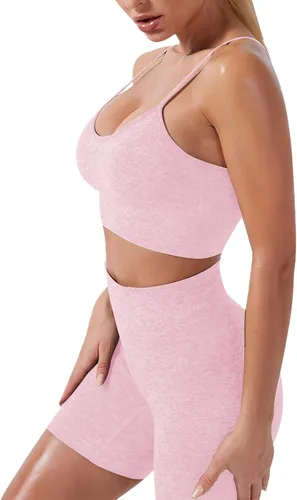 Miniatura 3 de Conjunto de 3 piezas de yoga sin costuras para mujer, camiseta corta de manga corta, brasier deportivo para gimnasio, cintura alta, pantalones