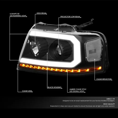 Miniatura 2 de DNA MOTORING HL-HPL-F15004-BK-CL1 - Faros delanteros negros de repuesto para 04-08 F-150 06-08 Mark LT secuencial persecución ámbar LED señal de giro