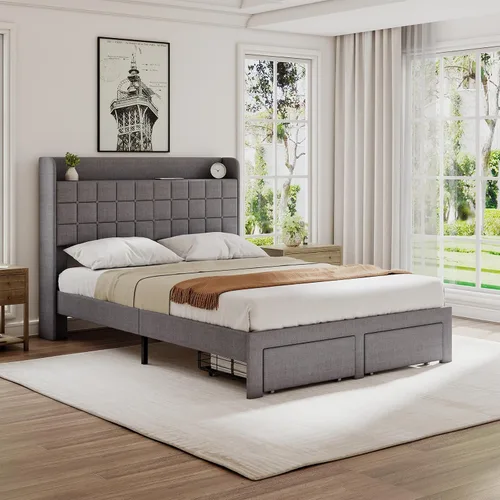 Miniatura 8 de DUMOS Base de cama tapizada de tamaño matrimonial, cama matrimonial con cajones de almacenamiento y cabecera de tela, soporte de listones de madera