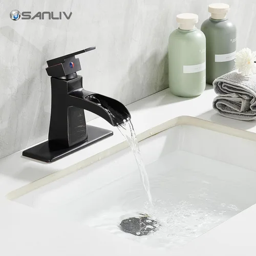Miniatura 2 de Grifo de Baño de Cascada de Bronce Frotado con Aceite, Grifo de Lavabo de Baño Centerset de Una Sola Manija Sanliv con Desagüe Pop-Up y Placa