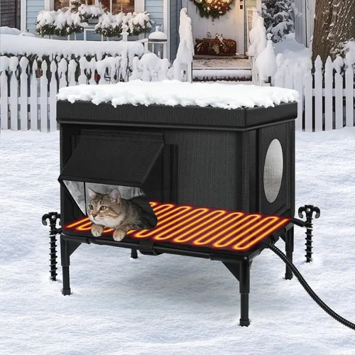Casa de gatos al aire libre climatizada resistente a la intemperie con almohadilla térmica, casa climatizada para gatos al aire libre, casas de
