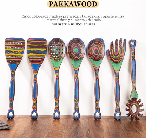 Miniatura 4 de Gudamaye Pakkawood - Utensilios de cocina de madera de 7 piezas, cucharas de madera para cocinar, utensilios de cocina de madera de Pakkawood