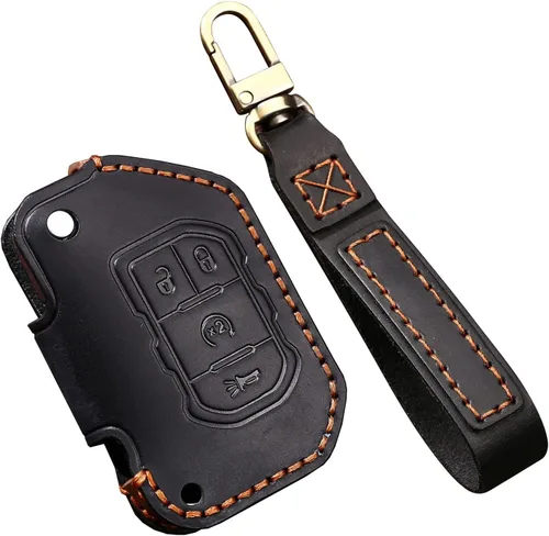 Miniatura 11 de ontto Funda de cuero para llavero de 2/3 botones con llavero compatible con Jeep Wrangler JL JLU Rubicon 2018-2021, color negro, Negro
