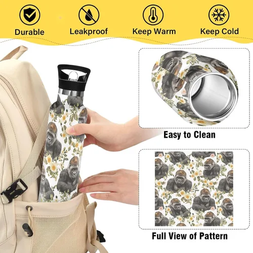 Miniatura 4 de Funny Gorilla White Vacuum Insulated Sports Water Bottle Keeps Hot and Cold with Straw Leakproof BPA Free for Gym Sports 11