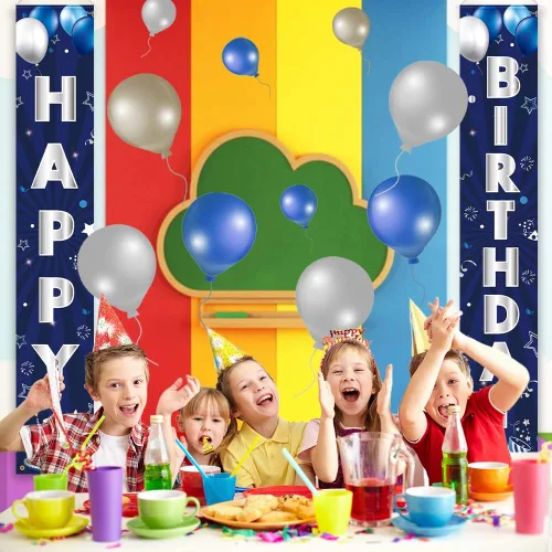 Miniatura 6 de Pancarta de Decoraciones de Cumpleaños Azul Plateado, Letrero de Puerta de Feliz Cumpleaños, Poliéster, 72 x 12 Pulgadas, para Hombres Mujeres Niños