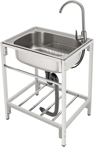 Miniatura 10 de Fregadero utilitario independiente de cocina de un solo tazón con grifo, fregadero de acero inoxidable con moldeado integrado para lavadero, baño