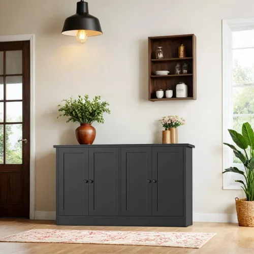 Miniatura 6 de holzart Armario de almacenamiento de buffet negro con 4 puertas, gabinete de barra de café de 49 pulgadas de ancho, aparador de buffet de cocina