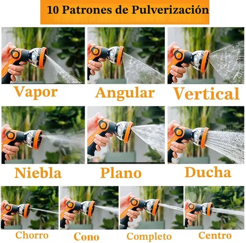Miniatura 4 de Boquilla rociadora de manguera de jardín, 10 patrones de riego de metal para manguera de control de pulgar en válvula de apagado, rociador de Naranja