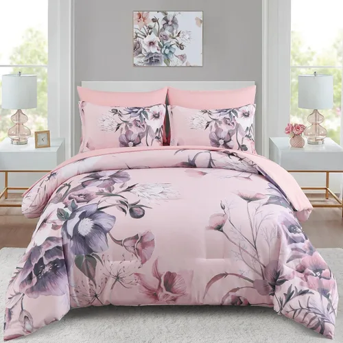 Miniatura 16 de Luxudecor Juego de edredón floral tamaño King de 7 piezas, cama de flores azul marino en una bolsa, elegante edredón floral con juego de sábanas