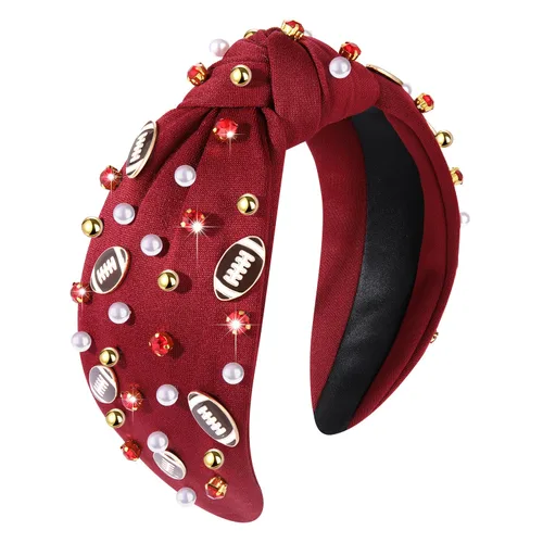 Miniatura 14 de Diadema de fútbol para mamá, accesorios de perlas con diamantes de imitación anudados, banda ancha para el pelo negra, diadema de nudo superior