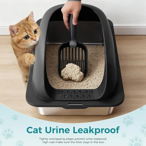 Miniatura 4 de OLIXIS Caja de arena para gatos de acero inoxidable con tapa, caja de arena grande para gatos grandes, lados de pared alta, antifugas de orina