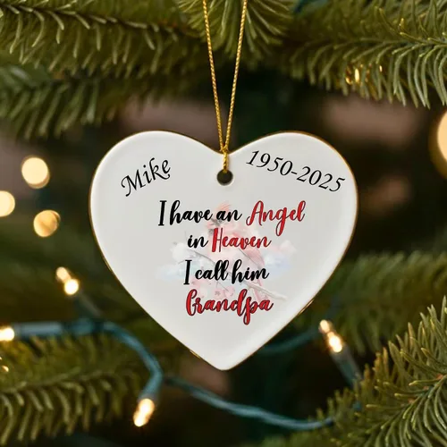 Miniatura 4 de Adorno de Navidad conmemorativo personalizado 2025 – Recuerdo de cerámica en forma de corazón – Tengo un ángel en el cielo lo llamo abuelo, regalo