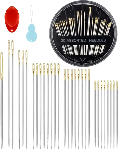FIVEIZERO Juego de 30 Agujas de Acero para Costura a Mano, Kit de 6 Tamaños de Agujas de Ojo Grande para Bordado y Costura a Mano con Enhebradores
