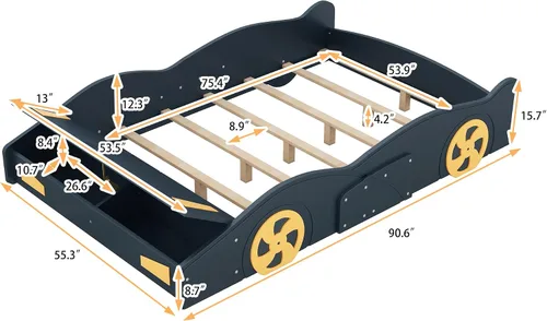 Miniatura 2 de CITYLIGHT Camas de automóvil de tamaño matrimonial para niños, marco de cama matrimonial en forma de auto de carreras con ruedas y almacenamiento