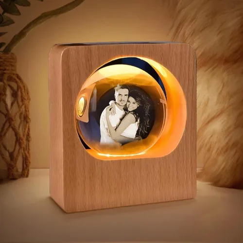 Lámpara de noche personalizada de foto 3D en cristal – Bola de foto de vidrio personalizada con grabado de imagen 3D personalizada, base de madera