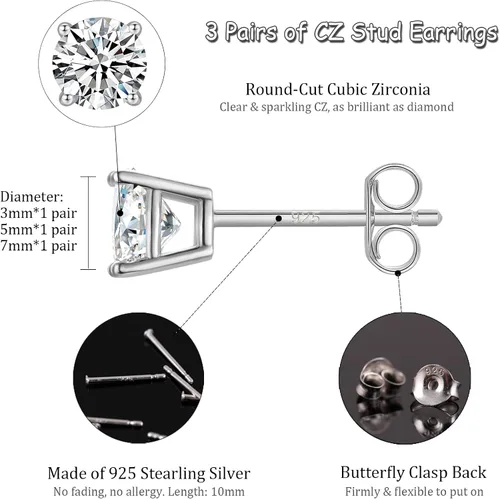 Miniatura 5 de Aretes de tuerca de plata de ley para mujer, 3 pares de aretes pequeños de circonita cúbica para cartílago, pequeños aretes de trago