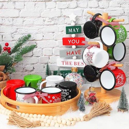 Miniatura 5 de Sliner 12 mini tazas de café de Navidad a granel con cinta a cuadros de 8.5 onzas, taza de metal esmaltado de Navidad con borde negro para el hogar