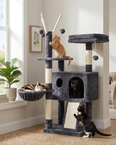 Miniatura 10 de Hey-brother Torre de árbol para gatos, postes rascadores con juguetes extraíbles, acogedor condominio, plataforma, hamaca, tabla de rascar de sisal