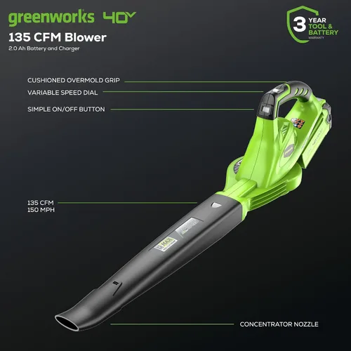 Miniatura 2 de Greenworks Soplador/barredora de hojas de 40 V, 150 MPH / 135 CFM, ligero, silencioso, con batería de 2.0 Ah y cargador, perfecto para el cuidado