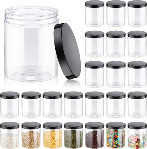 Irenare 24 frascos de plástico de 16 oz con tapas, recipientes de plástico transparente de boca ancha, frascos tipo Mason para alimentos,