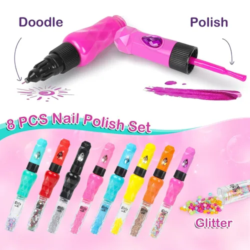 Miniatura 2 de Juego de 8 bolígrafos de arte de uñas para niños, esmalte de uñas no tóxico y purpurina con punta de garabato, kit de arte de uñas para niñas de 7 a