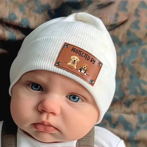 Miniatura 4 de Gossby Gorro de bebé personalizado con parche de cuero vegano para niño y niña, protegido por - Regalo personalizado para recién nacido, niño