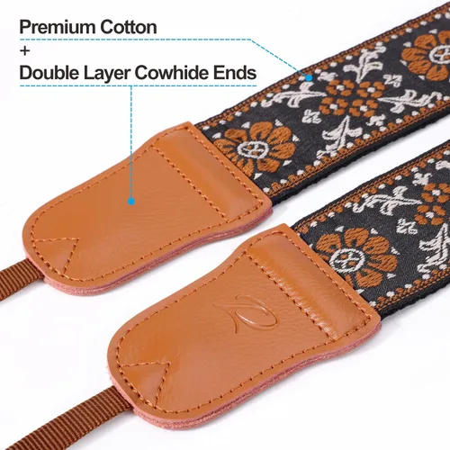 Miniatura 2 de Padwa Lifestyle Correa para cámara de flores marrones, correa de algodón de doble capa de piel de vaca de 2 pulgadas de ancho, bordado jacquard Flor