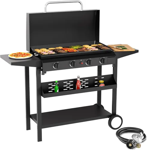 Miniatura 16 de SKOK Parrilla de gas de 3 quemadores con campana, parrilla de propano para exteriores de 25.6 pulgadas, parrilla de gas portátil con parte superior