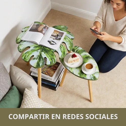 Miniatura 4 de BAMEOS Monstera - Juego de 2 mesas auxiliares pequeñas con patrón de venas de hojas, modernas mesas auxiliares de madera para sala de estar