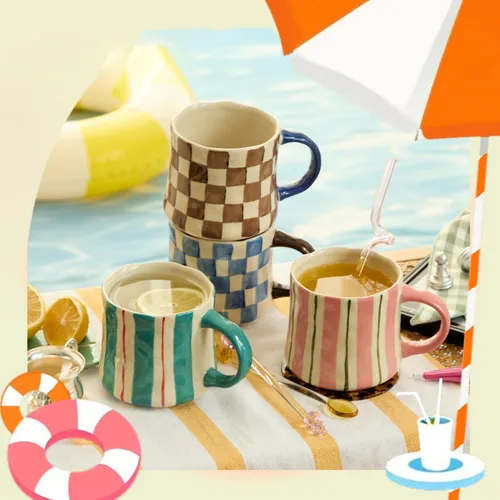 Miniatura 11 de Taza de café de cerámica a cuadros retro de 16 onzas, mango extragrande, apta para microondas, taza de té con patrón vintage para el hogar, oficina