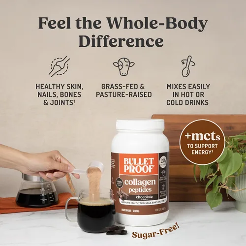 Miniatura 4 de Polvo de proteína de colágeno con chocolate y aceite MCT de Bulletproof, 19g de proteína, 42.3 onzas, tamaño de valor, con péptidos de colágeno