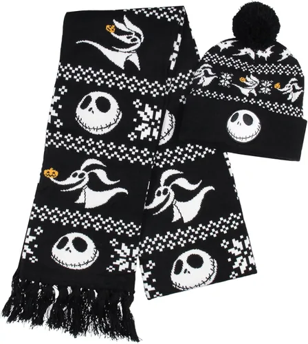 Disney The Nightmare Before Christmas Jack Skellington and Zero - Juego de bufanda de gorro negro, Negro, talla única