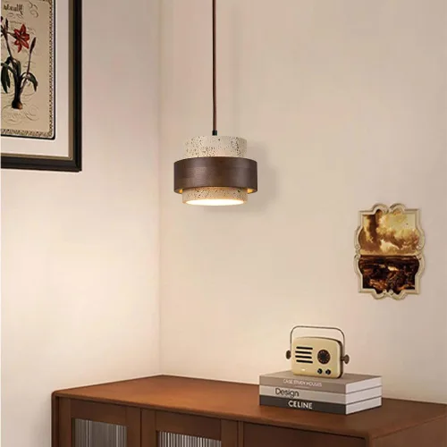 Miniatura 8 de Wabi-Sabi - Colgante de piedra natural nórdica con diseño de cueva amarilla clara con diseño de piedra de madera, luz vintage de travertino