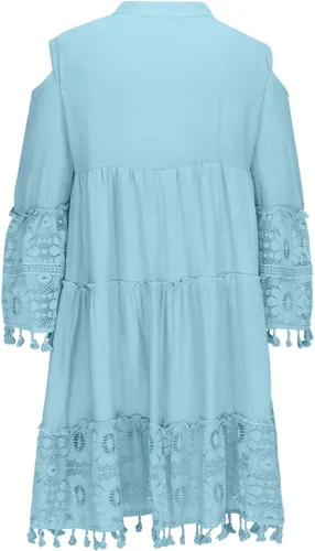 Miniatura 6 de Vestidos de manga 34 para mujer, vestido de encaje con hombros descubiertos, vestido casual con cuello en V, vestidos de retazos de talla grande