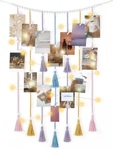 Miniatura 8 de Mkono Decoración de pared colgante de macramé con cadena de luces, habitación bohemia para dormitorio, cuentas de madera, guirnalda para tarjetas