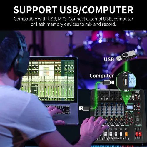 Miniatura 2 de XTUGA Mezclador de Audio de 6 Canales, Tablero Mezclador de Sonido, Interfaz de Audio, Consola Mezcladora para DJ, Podcast, Estudio, Karaoke, Equipo
