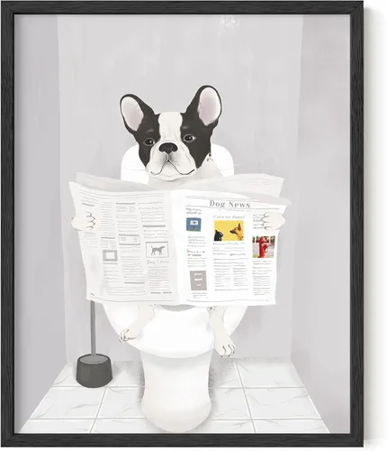 Miniatura 12 de HAUS AND HUES Divertido arte de pared de perro – Bulldog francés en el baño, carteles de animales (marco negro, 12 x 16)