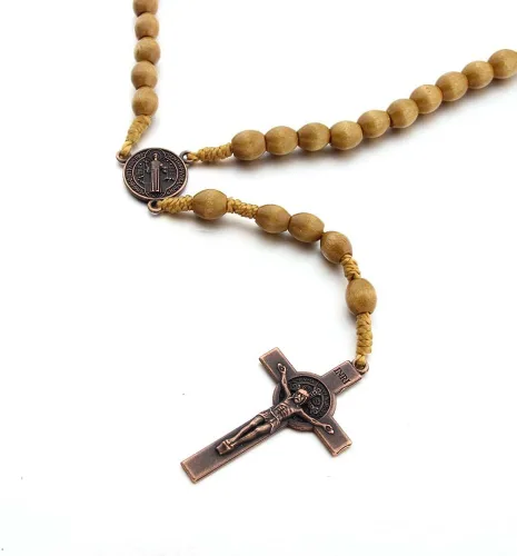 Miniatura 2 de KOMI Rosarios católicos de madera hechos a mano, collar de cuentas de rosario de madera de Belén, medalla de suelo santo y cruz de metal para regalo