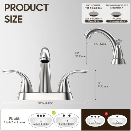 Miniatura 3 de Phiestina Centerset BF008-5-BN - Grifo de lavabo de baño de acero inoxidable de 4 pulgadas de níquel cepillado de 2 o 3 agujeros, grifo de baño de 2