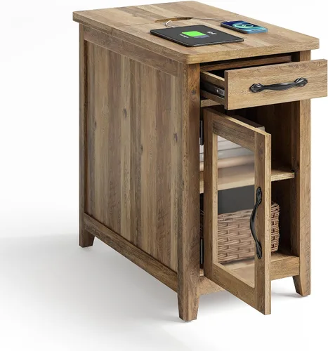 Miniatura 9 de LINSY HOME Juego de 2 mesas auxiliares con estación de carga, mesa auxiliar moderna de estilo granja para sofá, mesa auxiliar de madera para Marrón