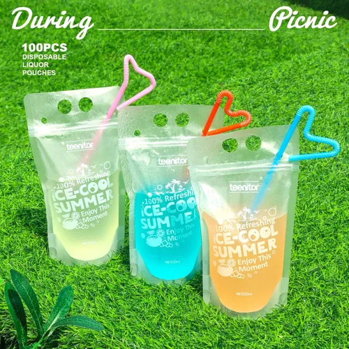 Miniatura 9 de Teenitor 100 bolsas de bebida con pajitas, bolsas de bebidas para jugos para adultos, bolsas de bebida reutilizables para licuados de jugos, bolsas