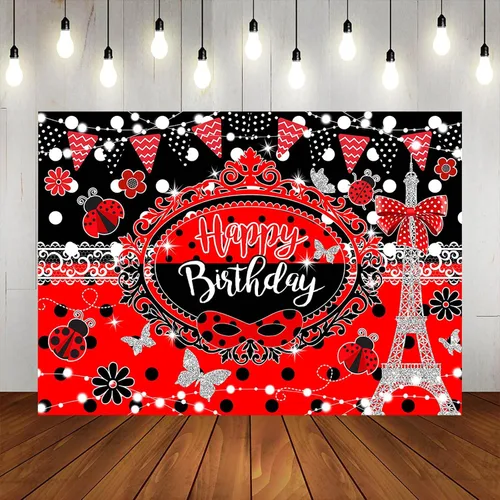 Miniatura 5 de Telón de fondo de cumpleaños de 7 x 5 pies, torre Eiffel, mariposa, rojo y negro, decoración de fiesta de feliz cumpleaños para niña, luces