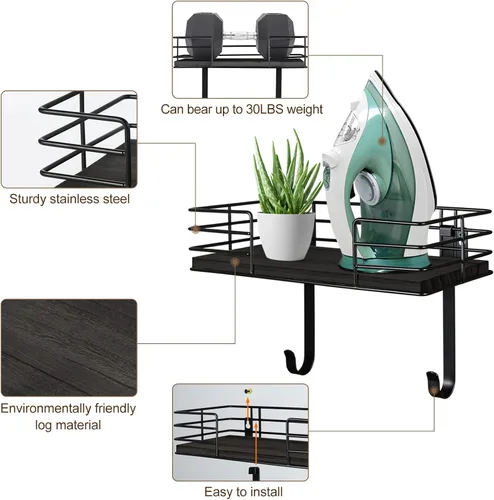 Miniatura 9 de Soporte para tabla de planchar de pared, colgador de metal para tabla de planchar con estante, decoración de cuarto de lavado y accesorios, soporte